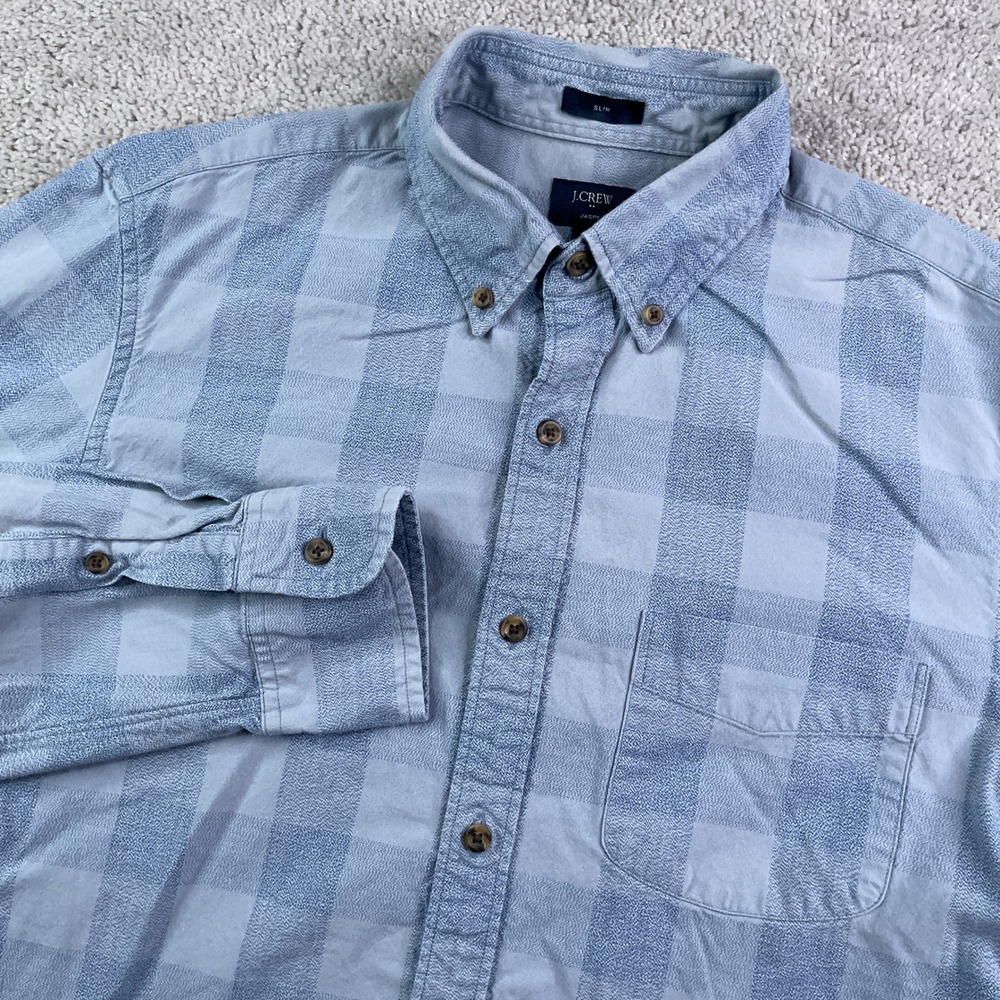 J Crew Shirt Men Medium Blue Slim Fit Jaspe Buffalo Check Cotton Button Down